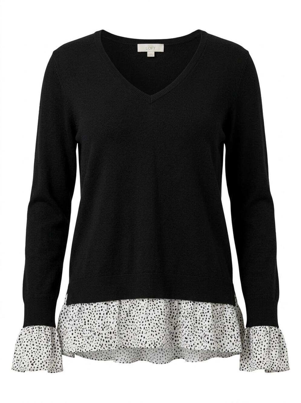 Loft Mixed Media V-Neck Knit Spotted Ruffle Hem Top Women See Measurements